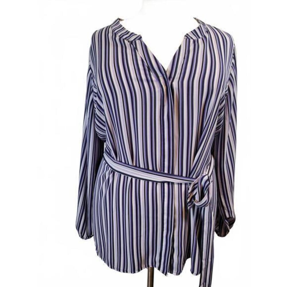 Lane Bryant Purple Striped Tie Waist Long Sleeve Blouse Top Plus Size 26